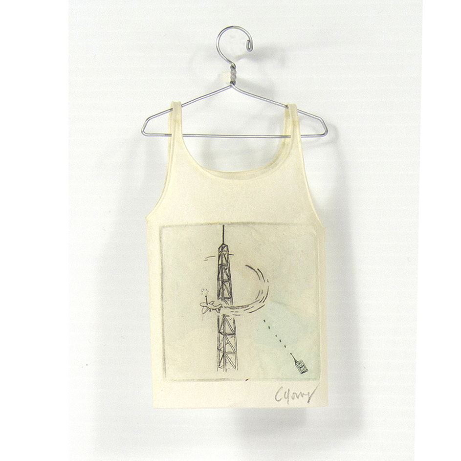 Cybèle Young - Camisole on hanger - tower and airplane, copper plate etching, Japanese paper (Washi)