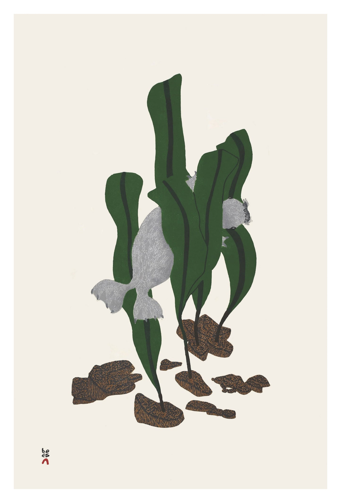 Shuvinai Ashoona, Seal Amongst Kelp, 2020, stonecut, paper size: 28” x 18.4