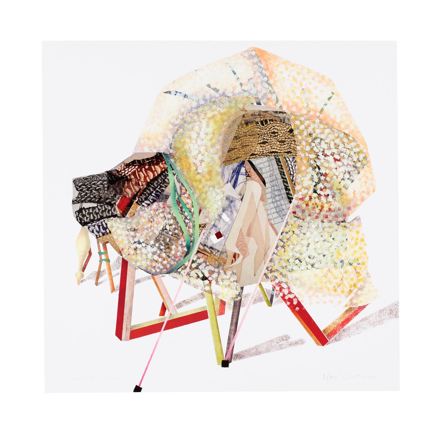 Yael Brotman, Bundle 5, 2022, etching, chine collé, inkjet, stencil, edition: V/E (Varied Edition) of 5, paper size: 14" x 14"