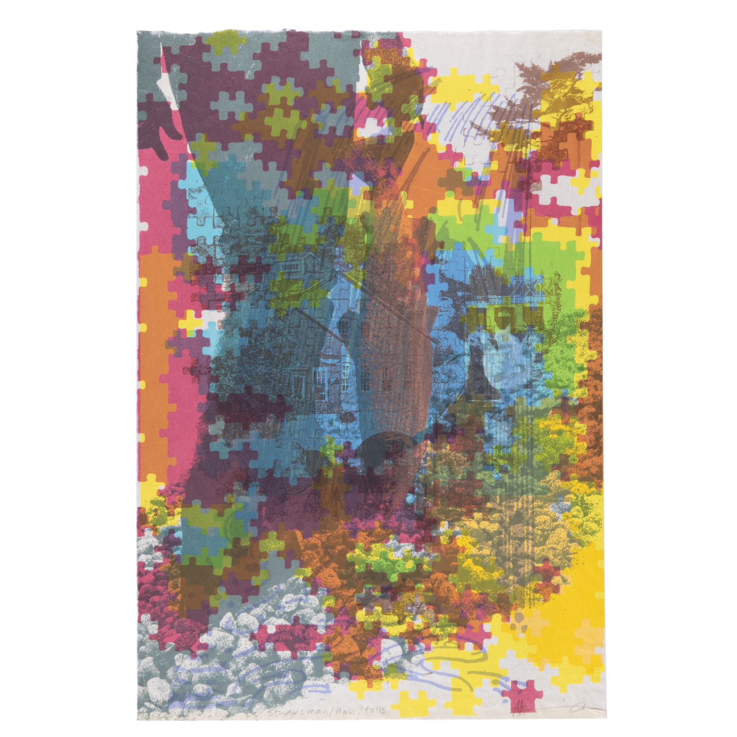 Susan Cunningham, Study: man, fish, falls, 2022, screenprint, edition: AP (Artist Proof), paper size: 21.5" x 14.5"