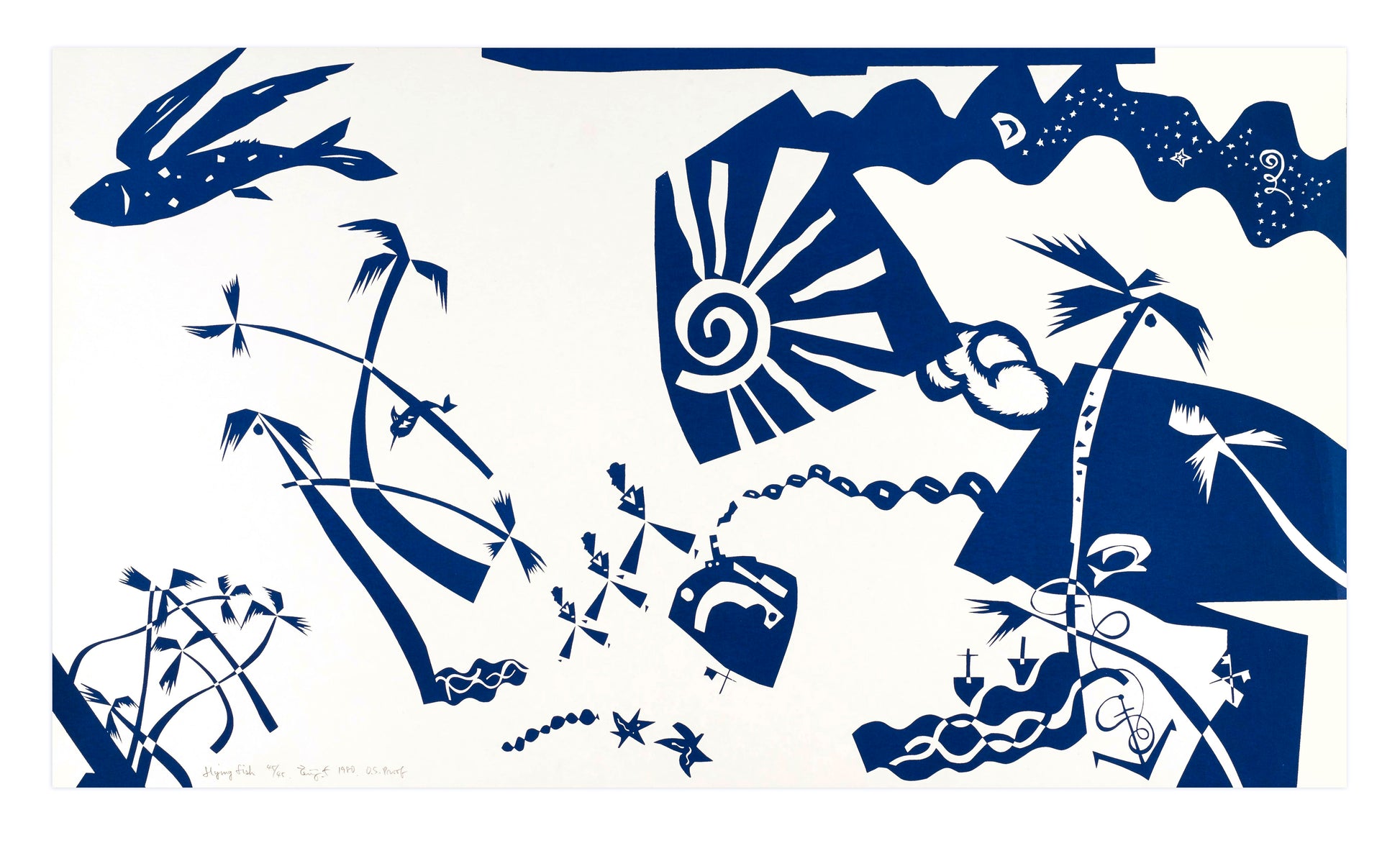 ‘Flying Fish’ by Zenji Funabashi (1980). Screenprint, edition of 45, 15.75 × 27.5 in.