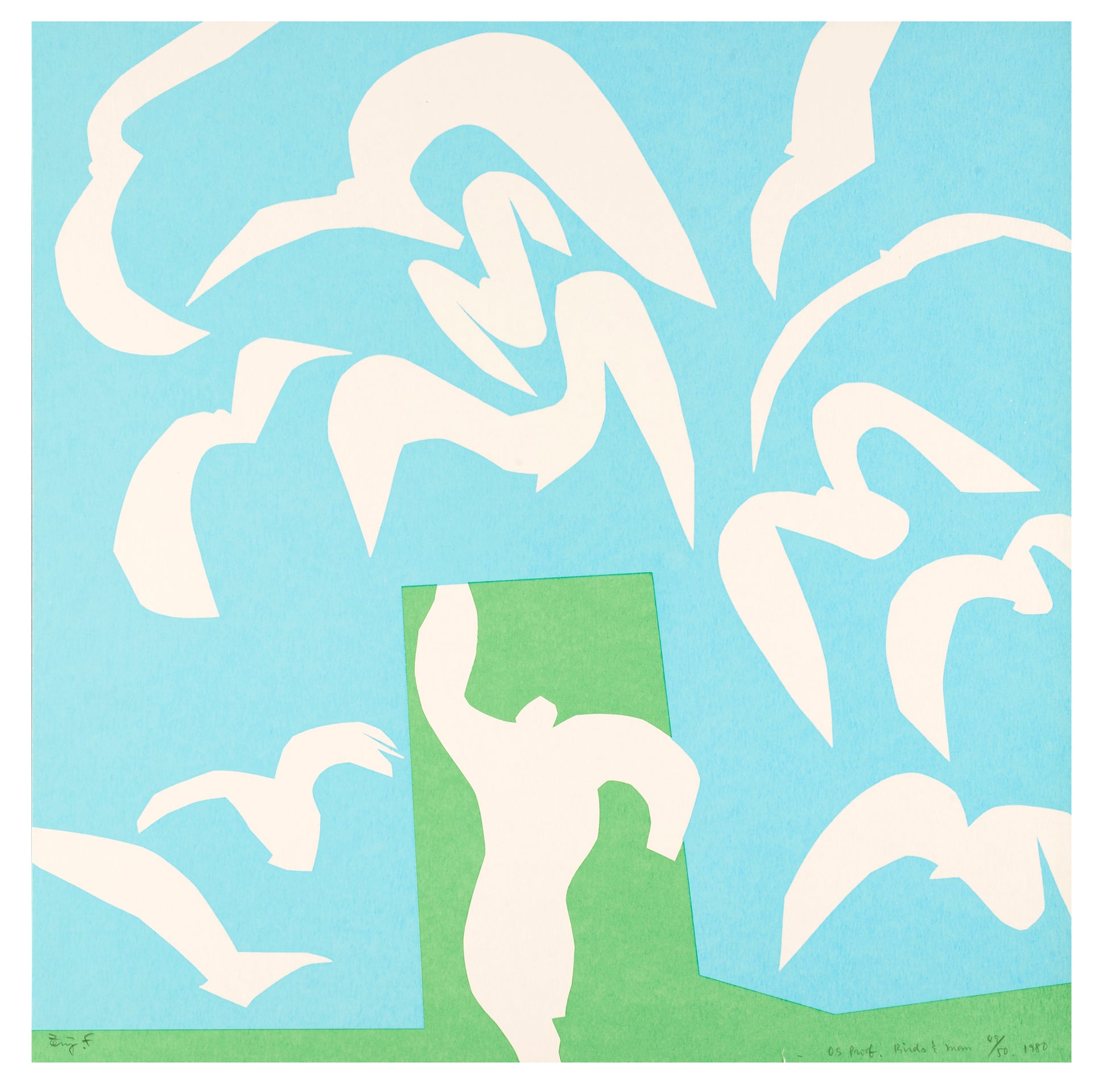 ‘Birds & Man’ by Zenji Funabashi (1980). Screenprint, edition of 50, 15.75 × 15.75 in.