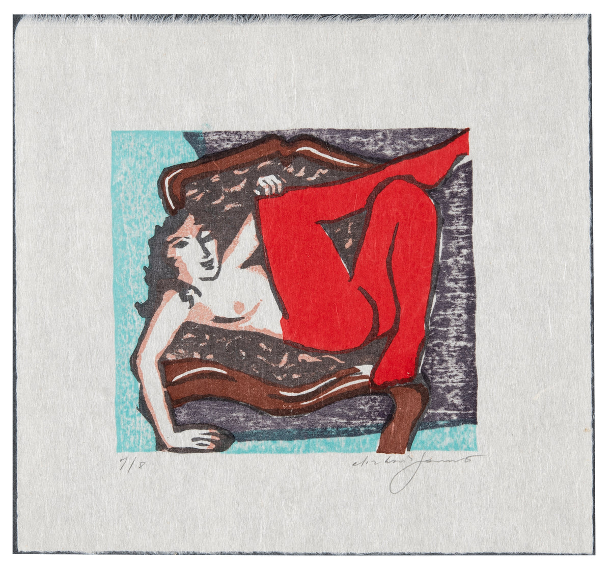 Elizabeth Forrest, Untitled (Red Tights), 2024, mokuhanga on Uchiyama washi (Japanese paper), edition: 7/8, paper size: 7.5” x 8”