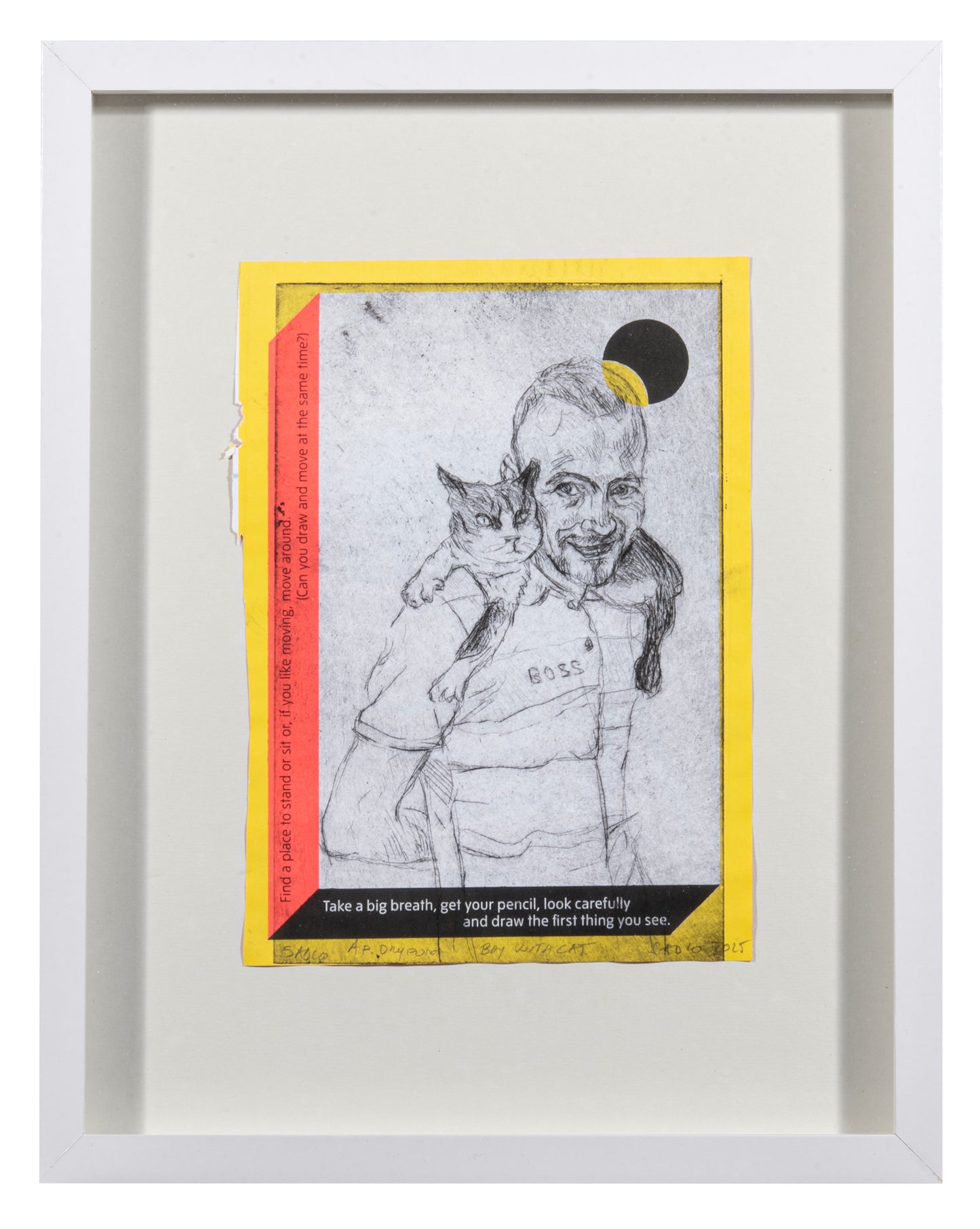 Sadko Hadzihasanovic, Boy with Cat, 2025, drypoint on found paper, edition: A/P (Artist Proof), paper size: 8.5" x 5.5"