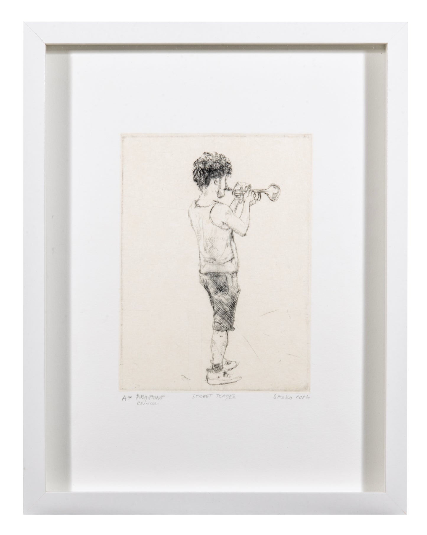 Sadko Hadzihasanovic, Street Player, 2024, drypoint with chine collé, edition: A/P, paper size: 13.5" x 10.5"