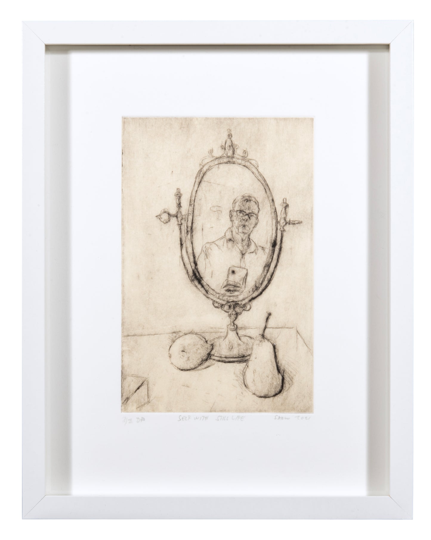 Sadko Hadzihasanovic, Self with Still Life, 2021, drypoint with chine collé, edition: 2, paper size: 13.5" x 10.5"