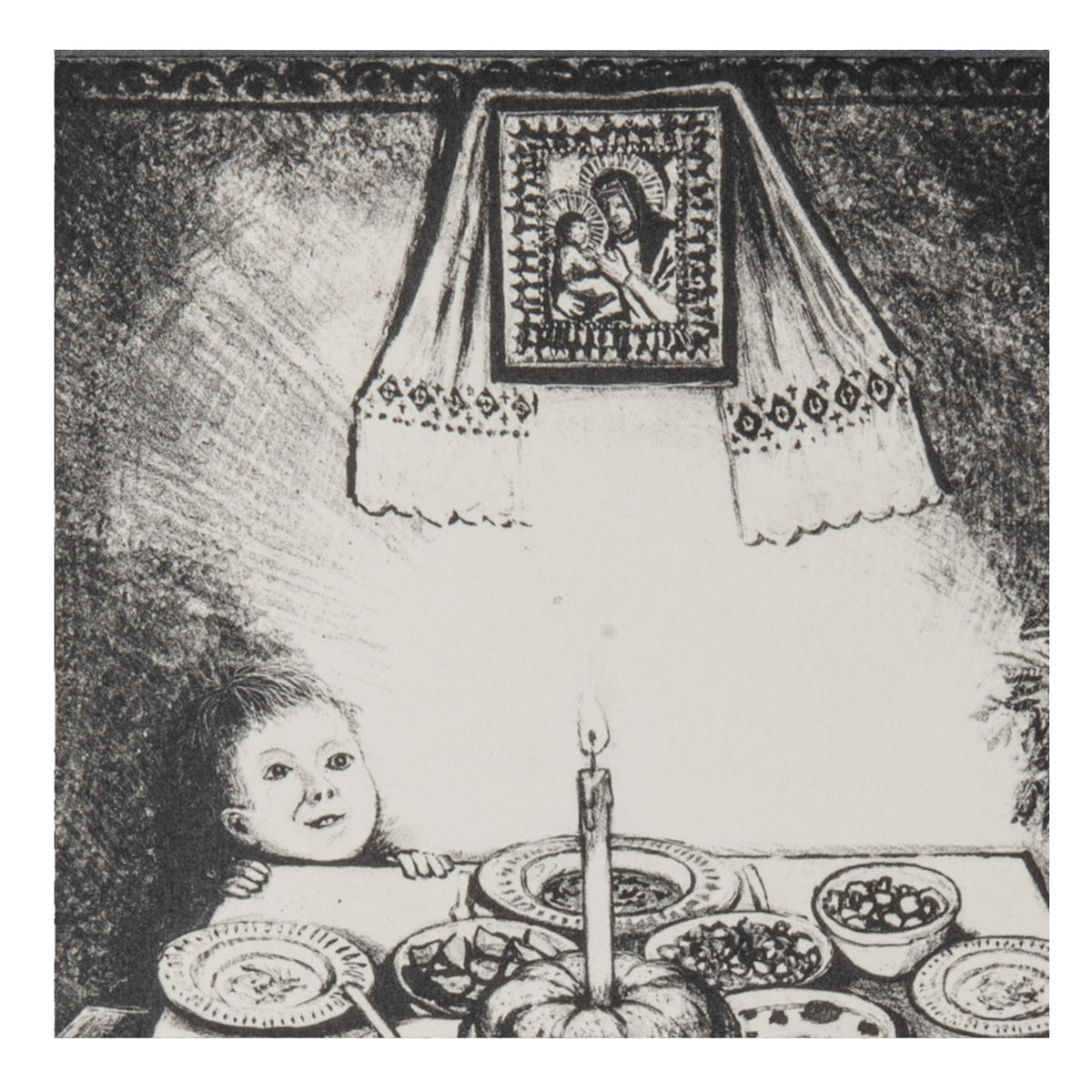 William Kurelek, Ukrainian Christmas Eve Feast, 1973, one-colour lithograph, Open Studio Proof O.S. 1, signed by the artist.