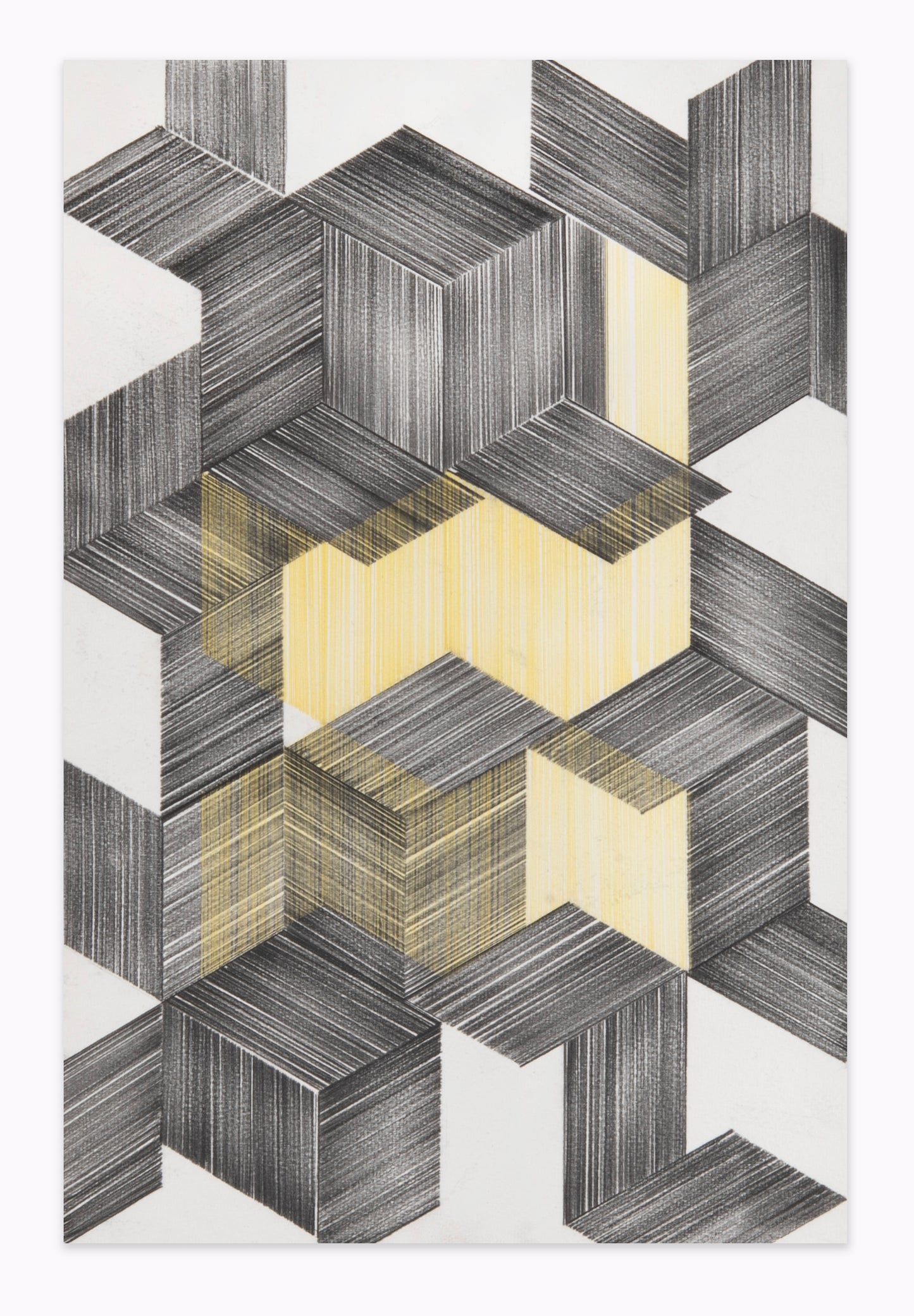 Panya Clark Espinal, Two Equal Volumes (Graphite and Yellow), 2017, graphite and yellow coloured pencil lead on paper, 15" x 10".