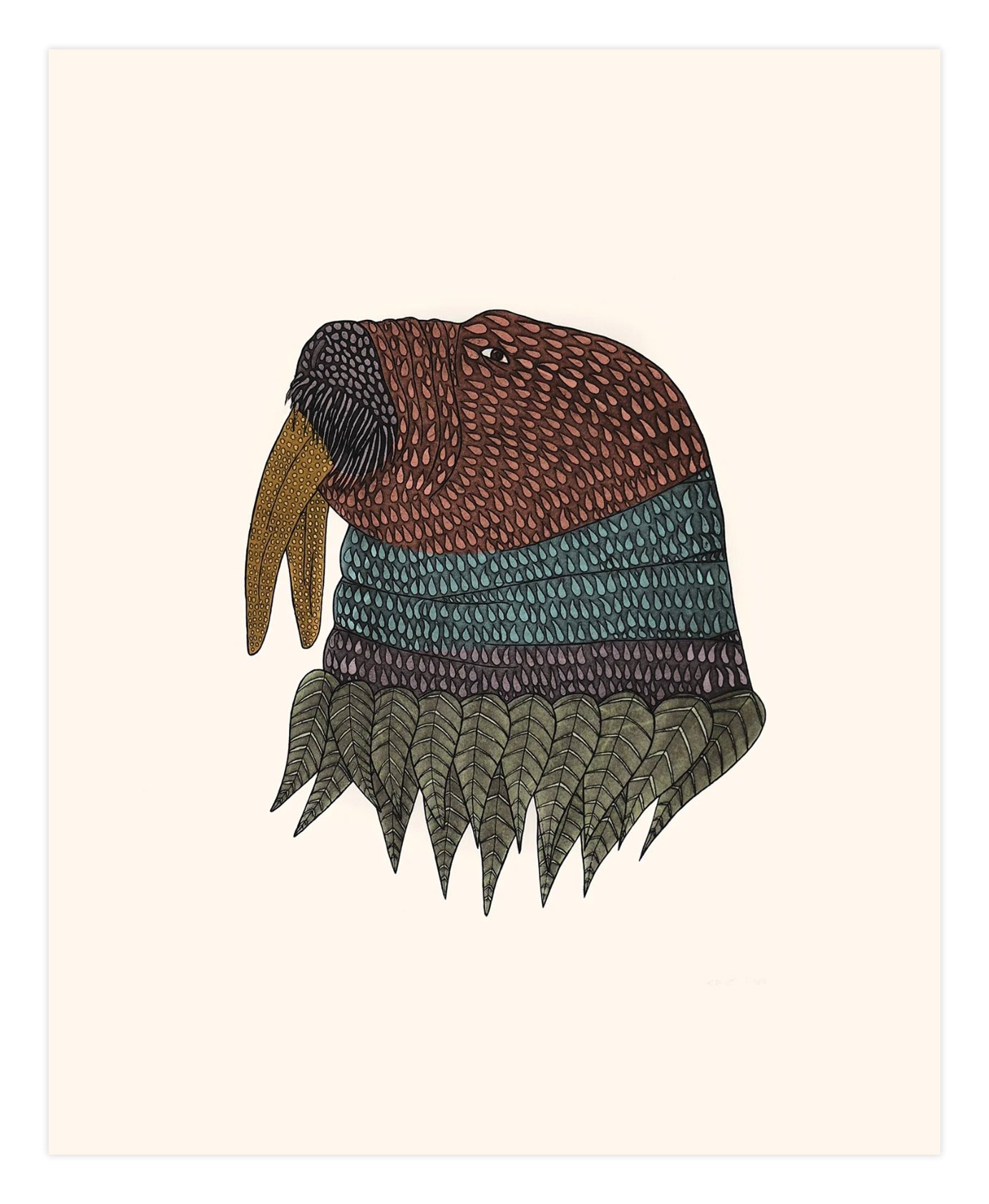 Pauojoungie Saggiak, Beaded Walrus, 2024, etching, chine collé, paper size: 28" x 23"