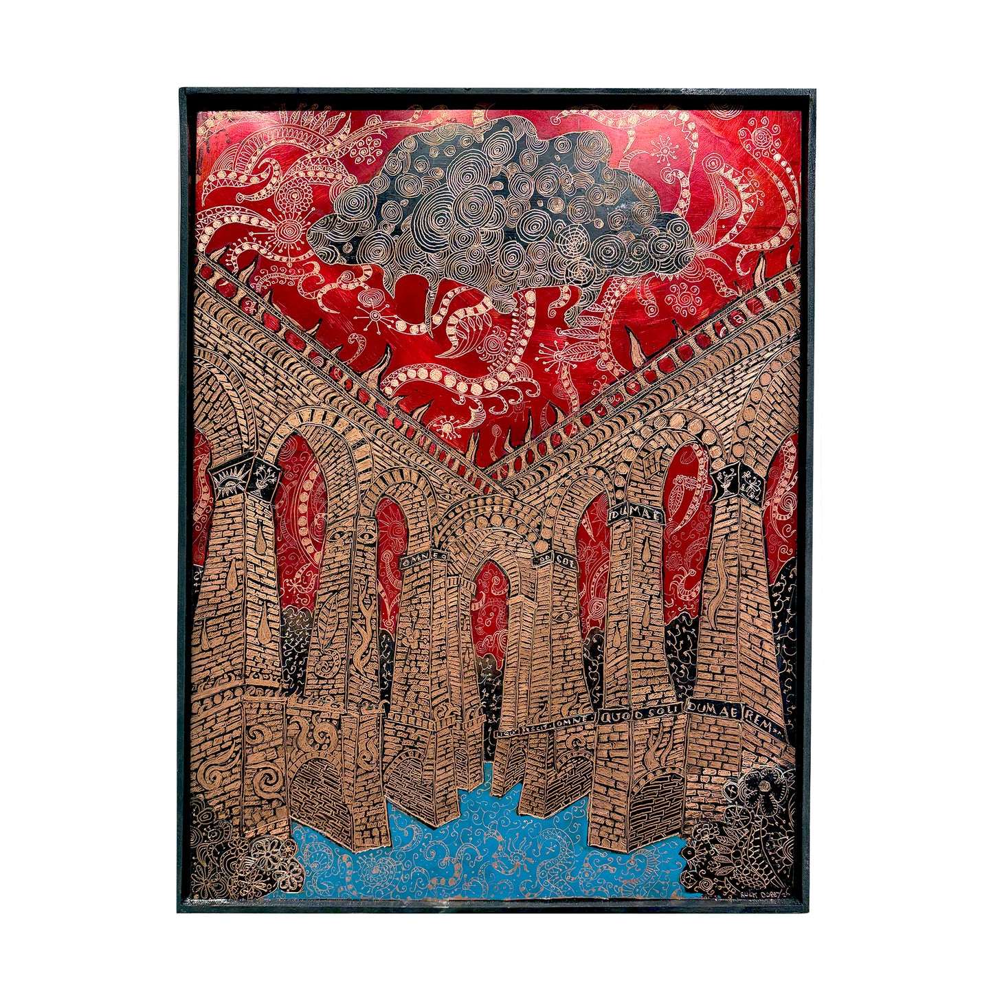 Rocky Dobey, Bridge with Red Sky, ink, asphaltum on copper, size: 24" × 18"