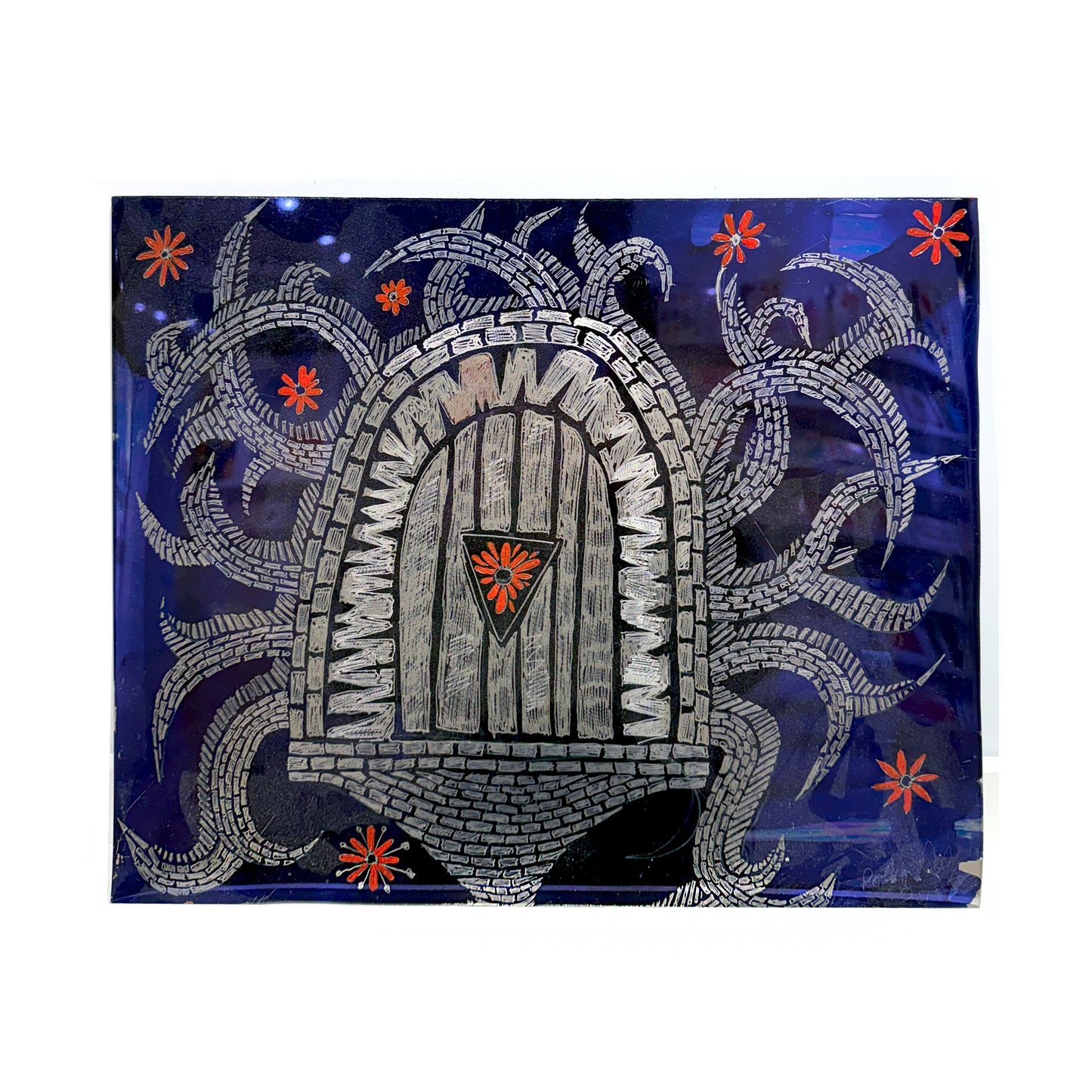 Rocky Dobey, Flower Door, ink, ceramic paint on stainless steel, size: 16” x 13”