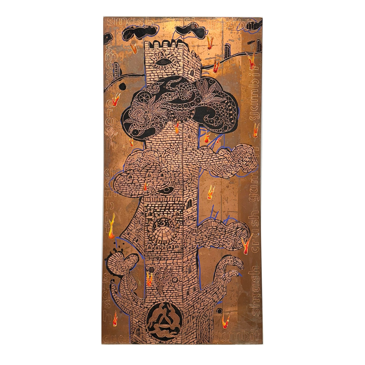 Rocky Dobey, SMASH, CRASH, GAMBIT, asphaltum, ceramic paint on copper, size: 24" x 12"