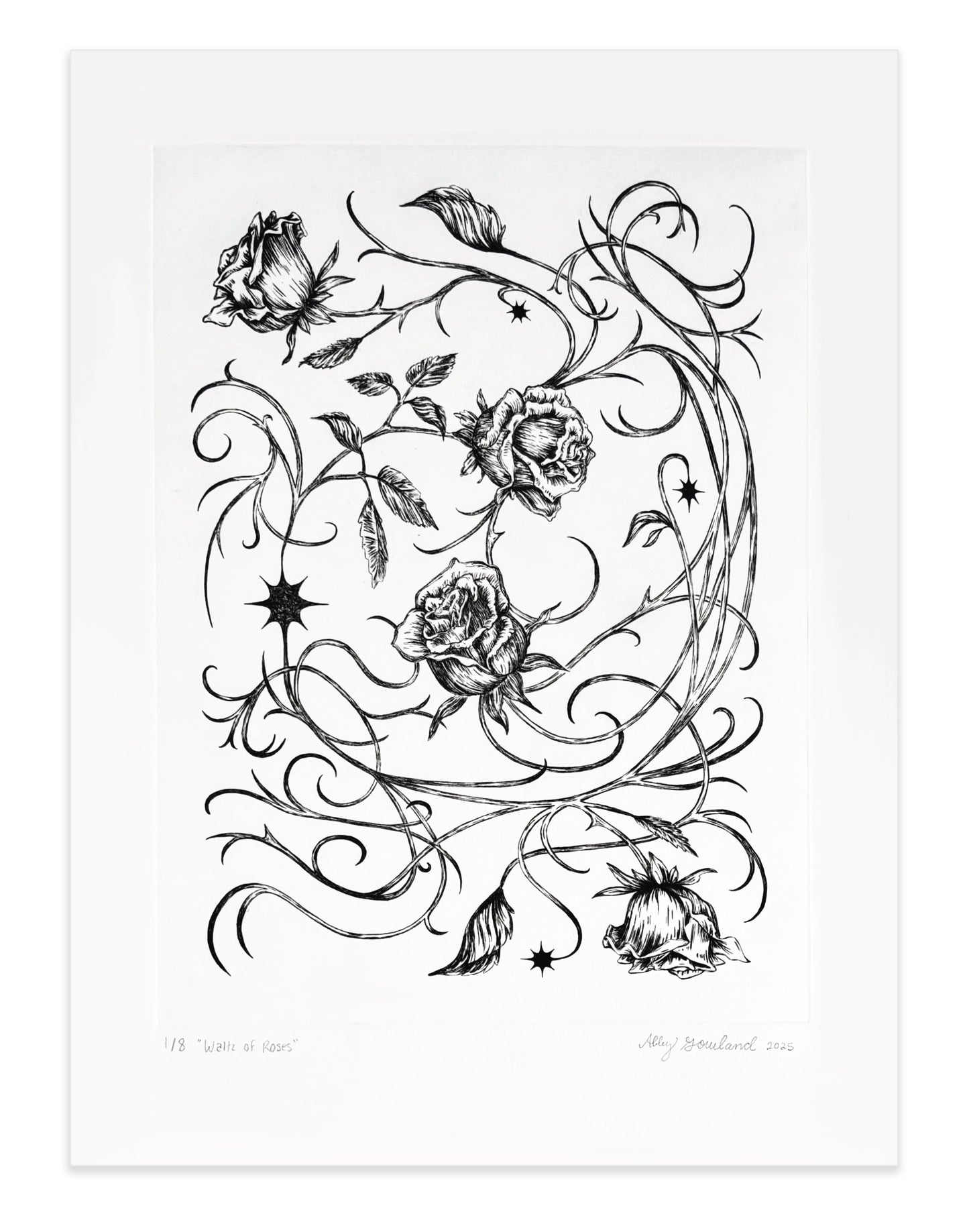 Abby Gowland, Waltz of Roses, 2025, drypoint, edition 2/8, paper size: 22" x 15"