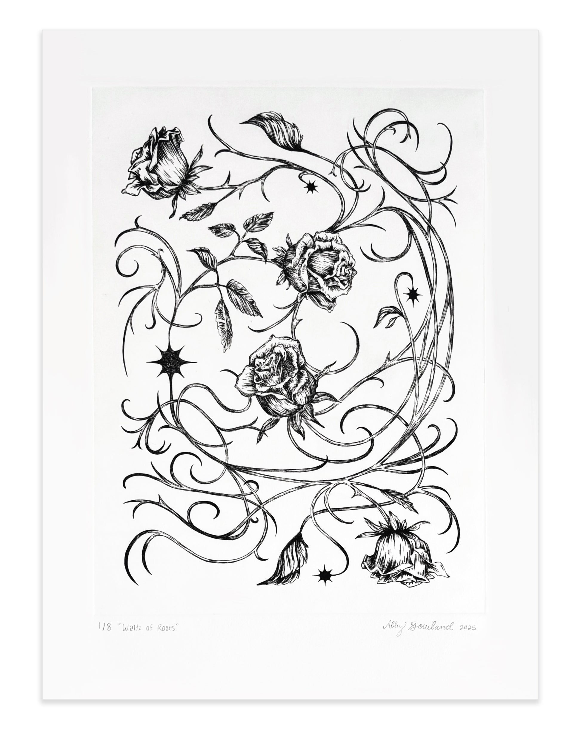 Abby Gowland, Waltz of Roses, 2025, drypoint, edition 2/8, paper size: 22" x 15"