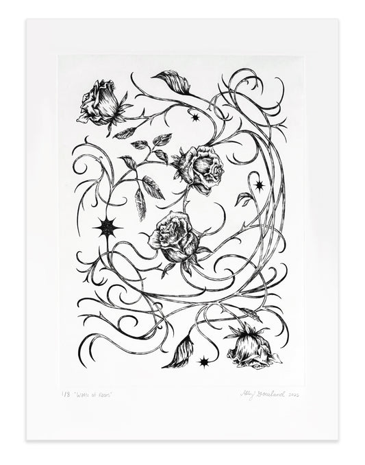 Abby Gowland, Waltz of Roses, 2025, drypoint, edition 2/8, paper size: 22" x 15"