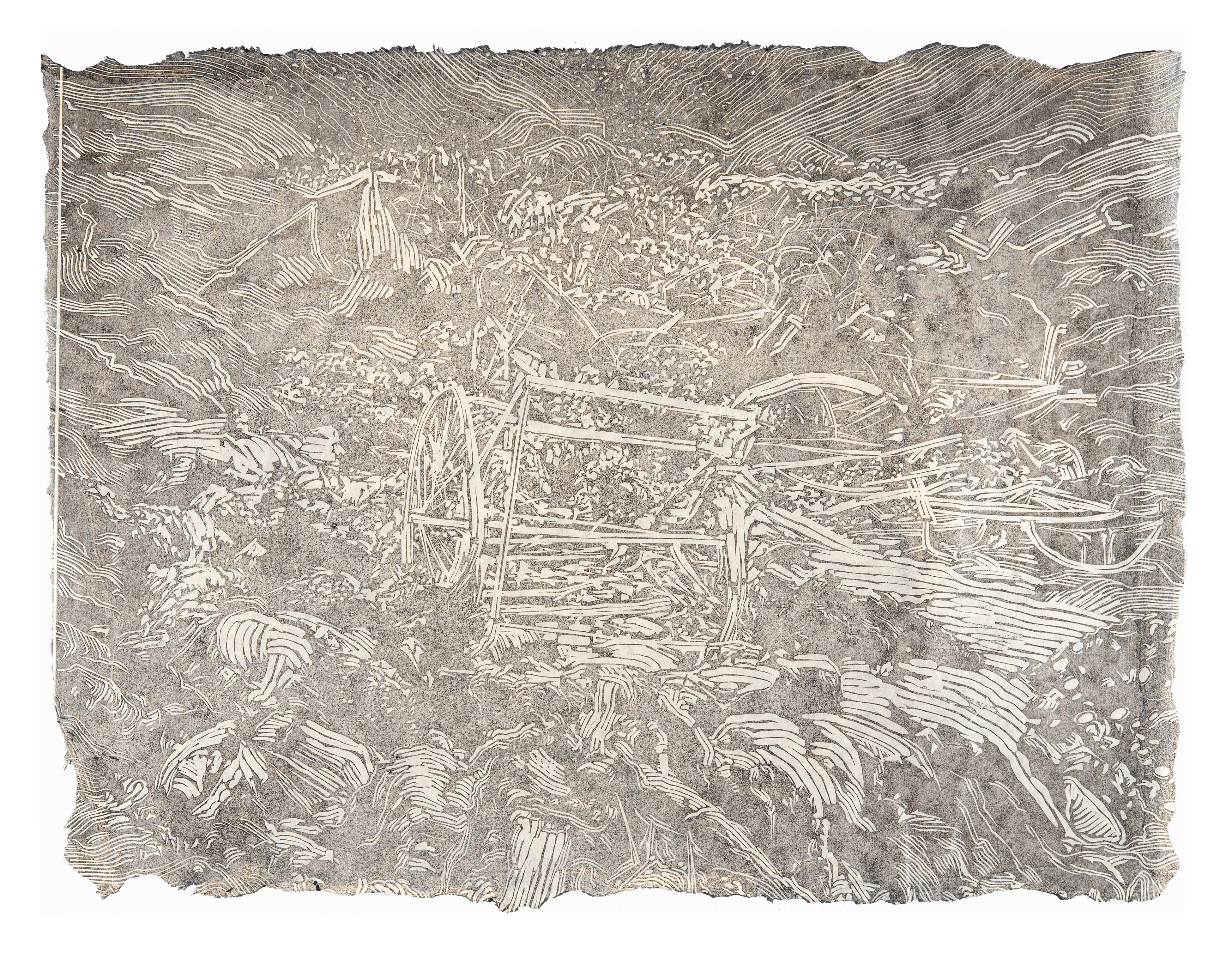 Alexa Kumiko Hatanaka, The Catfish beneath Kantō (Ghost Edition), 2023, linocut on handmade Gampi, edition: 4/5 VE, paper size: 20