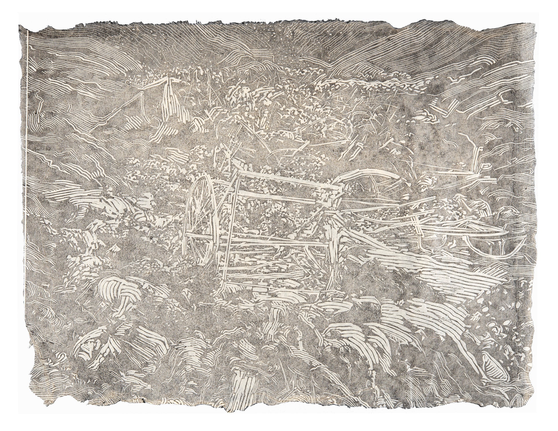 Alexa Kumiko Hatanaka, The Catfish beneath Kantō (Ghost Edition), 2023, linocut on handmade Gampi, edition: 4/5 VE, paper size: 20" x 24"