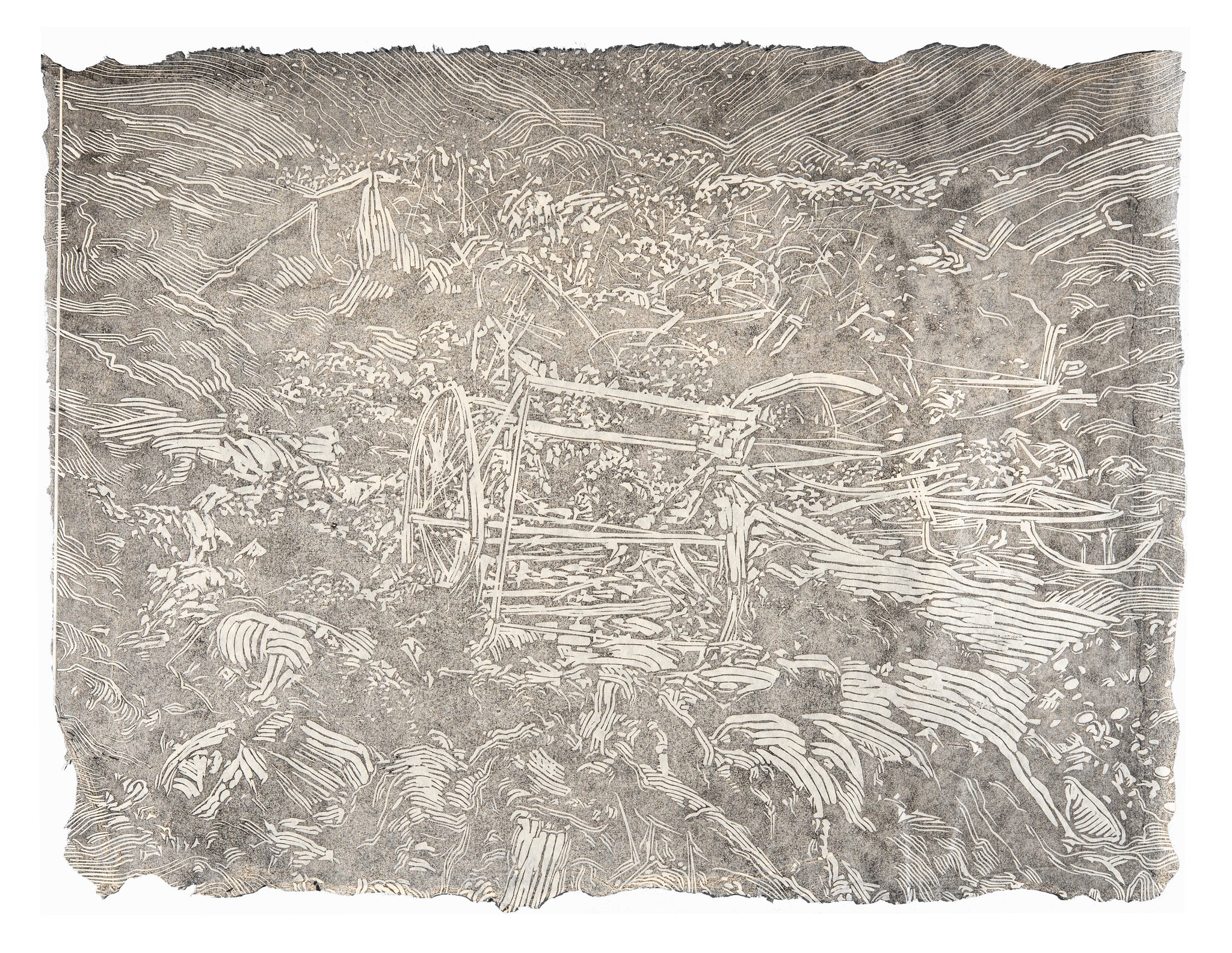 Alexa Kumiko Hatanaka, The Catfish beneath Kantō (Ghost Edition), 2023, linocut on handmade Gampi, edition: 4/5 VE, paper size: 20