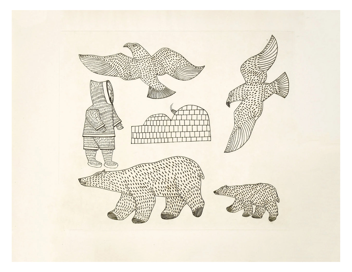 Kenojuak Ashevak, Shoreline Camp, 1963, engraving, paper size: 12.4” x 18"