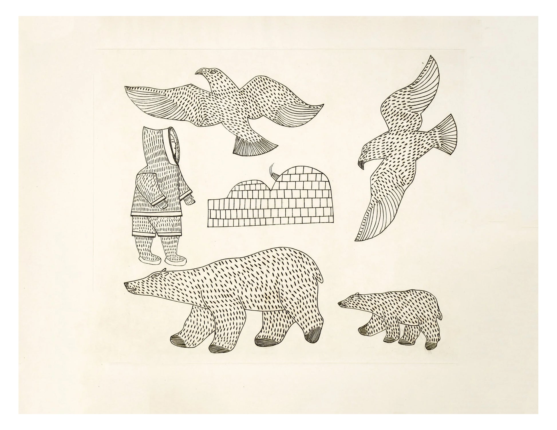 Kenojuak Ashevak, Shoreline Camp, 1963, engraving, paper size: 12.4” x 18"