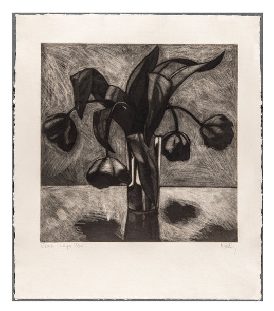 Brian Kelley, Black Tulips, mezzotint, edition of 20, paper size: 25.25" x 22", natural deckled paper edge.