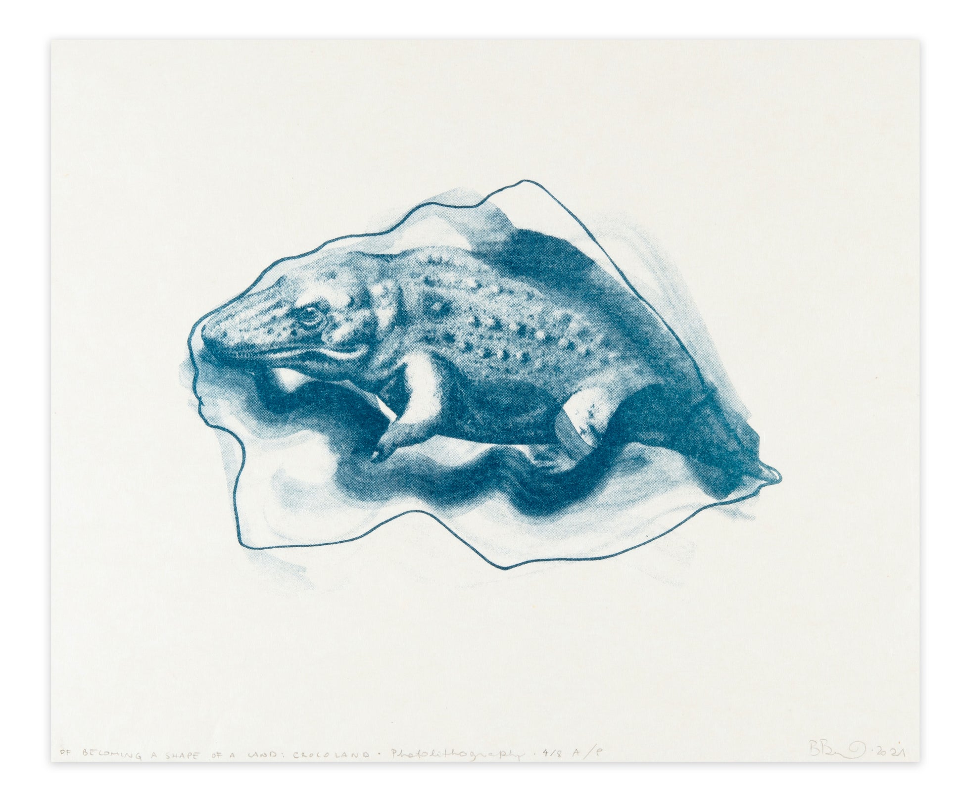 Britta Benno, Of Becoming a Shape of a Land: Crocoland (Blue), 2021, photo lithograph on kozuke, edition: A/P (Artist Proof) 4/8, paper size: 12.5" x 15".