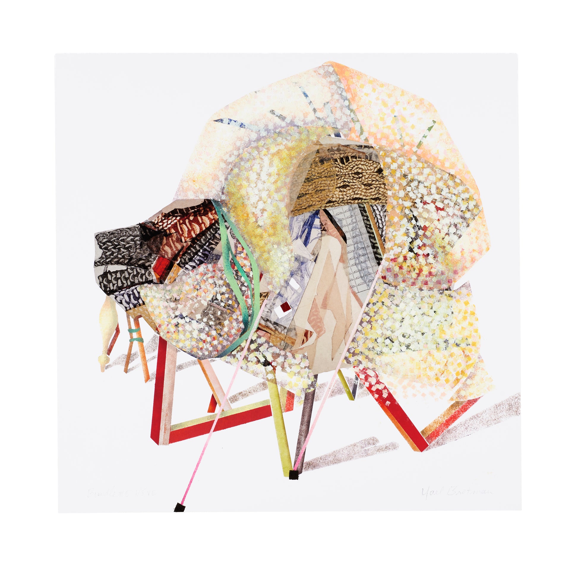 Yael Brotman, Bundle 5, 2022, etching, chine collé, inkjet, stencil, edition: V/E (Varied Edition) of 5, paper size: 14" x 14"