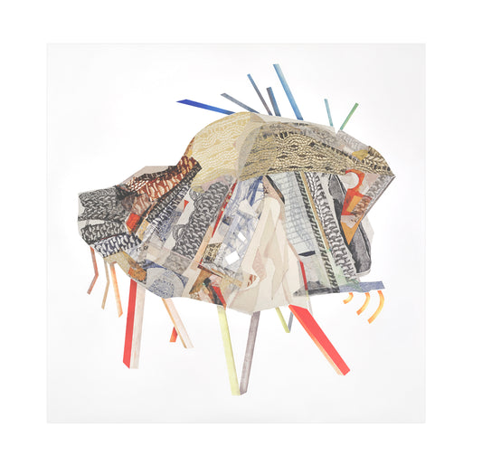 Yael Brotman, Shelter 21, 2019, archival digital inkjet print created using elements of etching, chine collé, and stencil, edition: V/E (Varied Edition) of 5, paper size: 14" x 14"