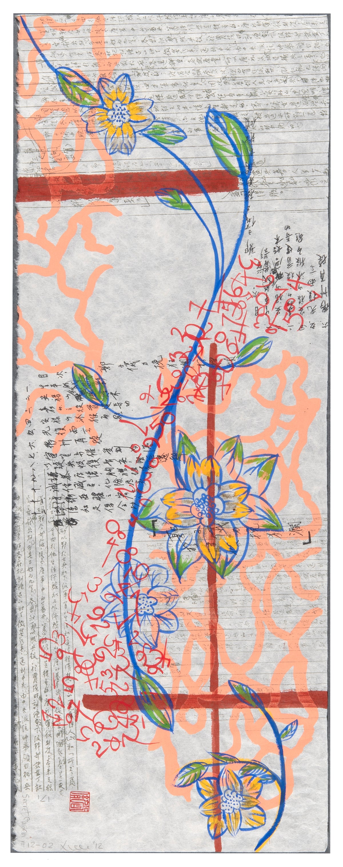 Carlina Chen, Secret Garden #12-02, 2012, screenprint, acrylic, and gouache on washi (Japanese paper), edition: 1/1, 25" x 9"
