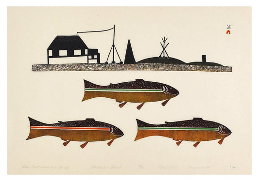 Kingmeata Etidlooie, Lake Trout Near Our Camp, 1983, stonecut, stencil, paper size: 18” x 26”