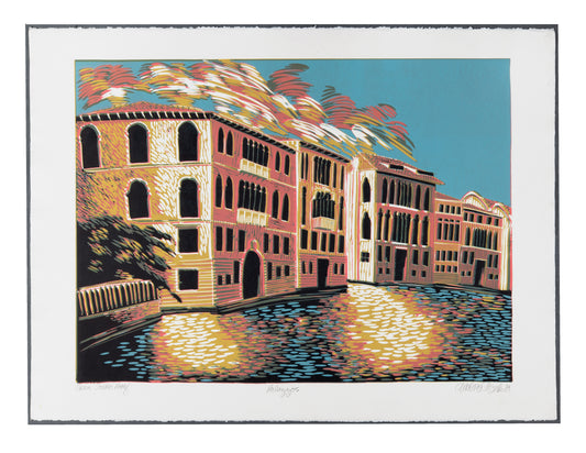 Moira Clark, Palozzos, 1989, reduction linocut, Open Studio Proof, paper size: 22.25" x 29.75"