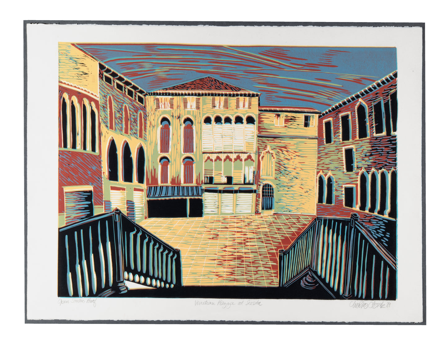 Moira Clark, Venetian Piazza at Siesta, 1989, reduction linocut, Open Studio Proof, paper size: 22.25" x 30"