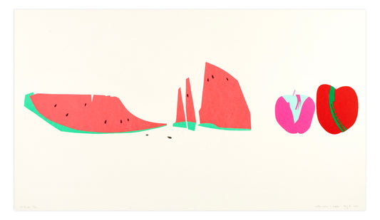 'Watermelon & Apples' (1980), a limited edition screenprint by Zenji Funabashi, edition of 40, measuring 15.75 x 27.5 inches.