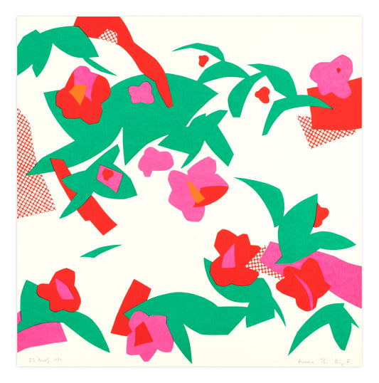 'Flowers' (1980), a limited edition screenprint by artist Zenji Funabashi, edition OS Proof 40/40, 15.75 x 15.75 inches.