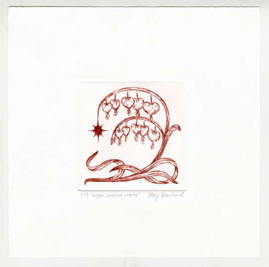 Abby Gowland, copper bleeding hearts, 2025, drypoint, edition of 2/3, paper size: 8” x 8”