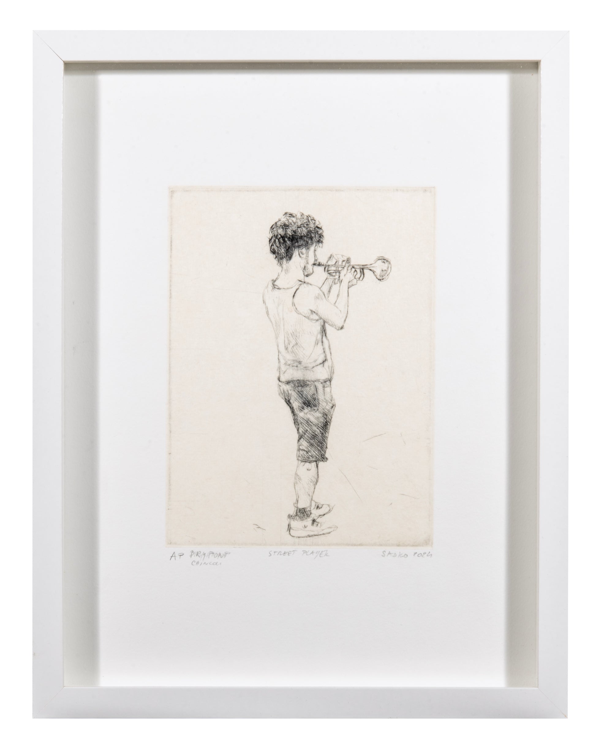 Sadko Hadzihasanovic, Street Player, 2024, drypoint with chine collé, edition: A/P, paper size: 13.5" x 10.5"