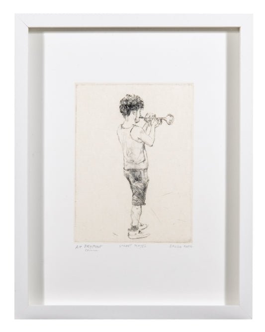 Sadko Hadzihasanovic, Street Player, 2024, drypoint with chine collé, edition: A/P, paper size: 13.5" x 10.5"