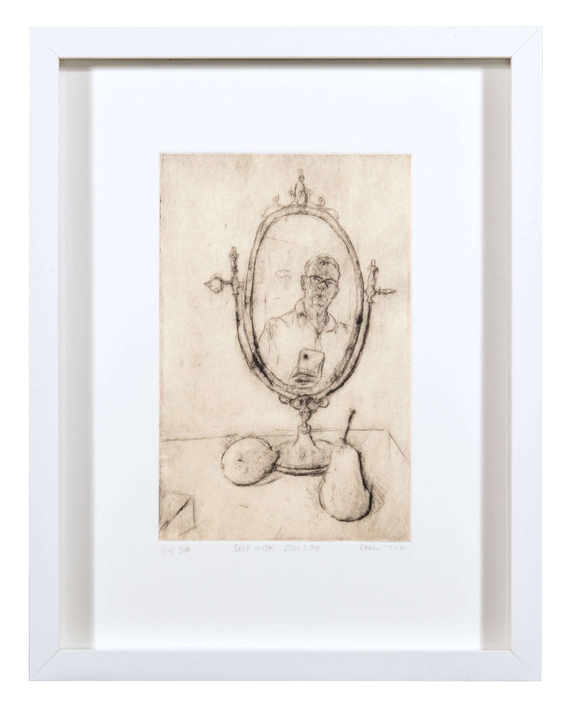 Sadko Hadzihasanovic, Self with Still Life, 2021, drypoint with chine collé, edition: 2, paper size: 13.5" x 10.5"