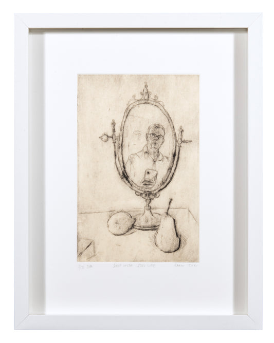 Sadko Hadzihasanovic, Self with Still Life, 2021, drypoint with chine collé, edition: 2, paper size: 13.5" x 10.5"
