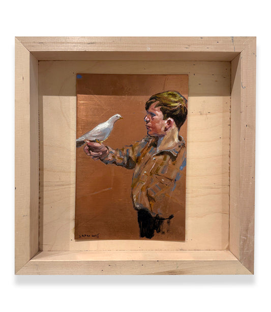 Boy with Bird, 2025, oil on copper plate, 2025, wooden frame: 12” x 12"
