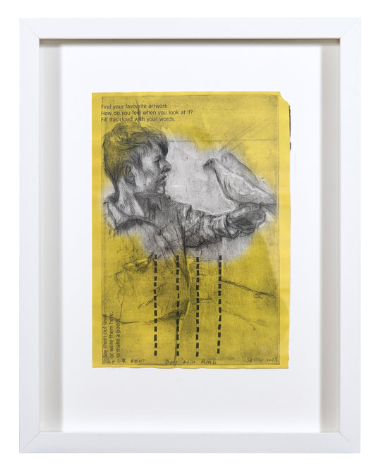 Sadko Hadzihasanovic, Boy with Bird, 2025, drypoint on found paper, edition: A/P (Artist Proof), frame size: 15” x 12”