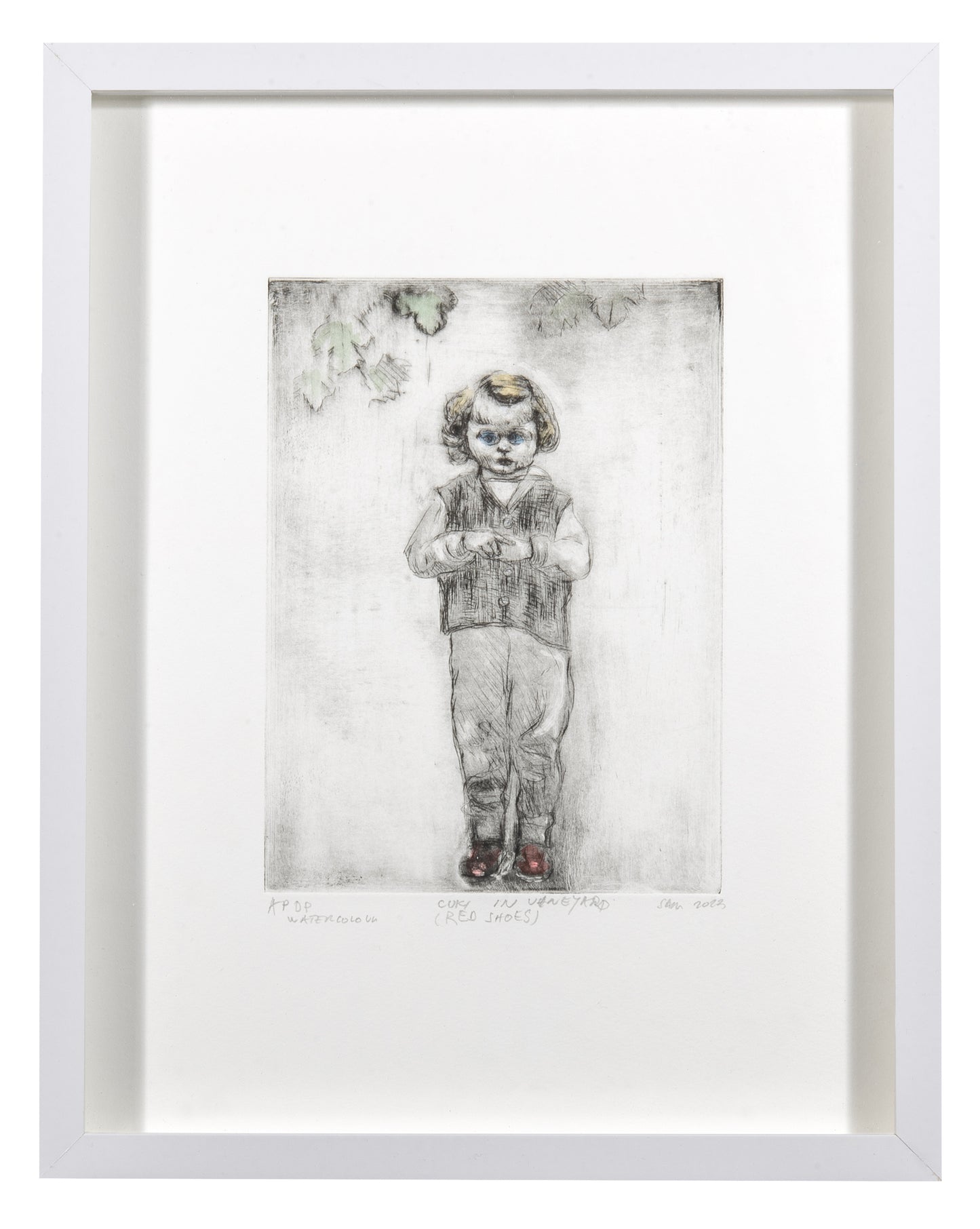 Sadko Hadzihasanovic, Cuki in Vineyard (Red Shoes), 2023, drypoint with watercolour, edition: A/P, paper size: 13.5" x 10.5"