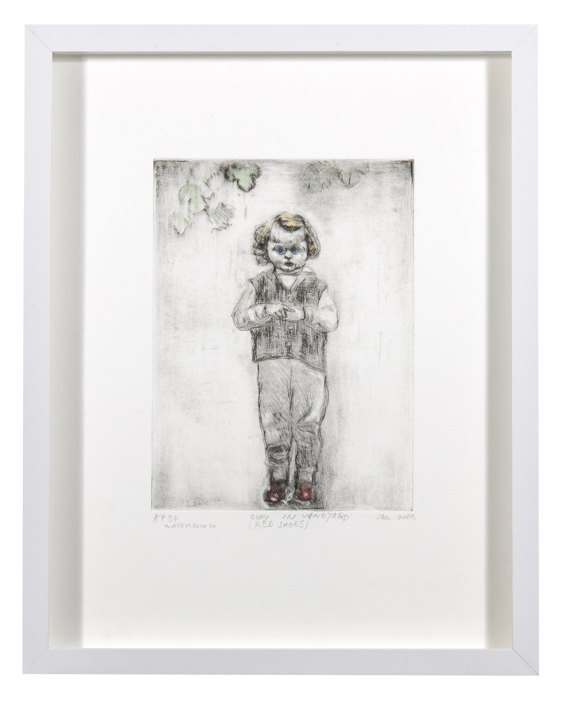 Sadko Hadzihasanovic, Cuki in Vineyard (Red Shoes), 2023, drypoint with watercolour, edition: A/P, paper size: 13.5" x 10.5"