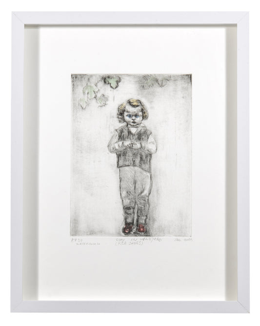 Sadko Hadzihasanovic, Cuki in Vineyard (Red Shoes), 2023, drypoint with watercolour, edition: A/P, paper size: 13.5" x 10.5"