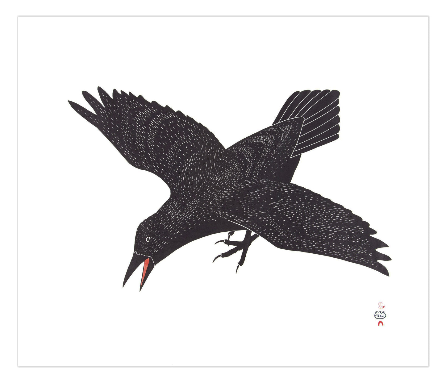 Kananginak Pootoogook, Raven's Alarm, 2001, stonecut & stencil, edition of 50, paper size: 24.5" x 28.5"