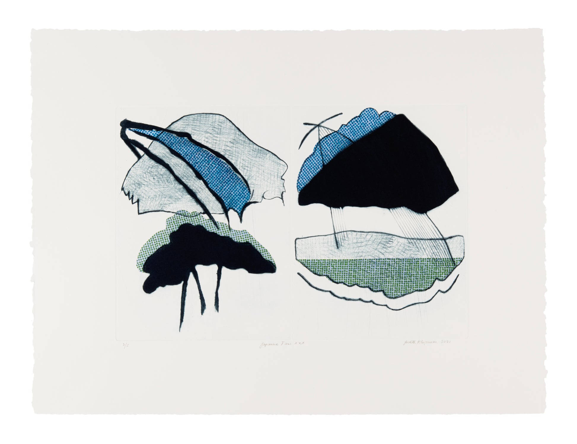 Judith Klugerman, Japanese Fans XXX, 2020, mezzotint, mezzotint, drypoint, chine collé and marker, edition: 3/5, paper size: 20" x 26