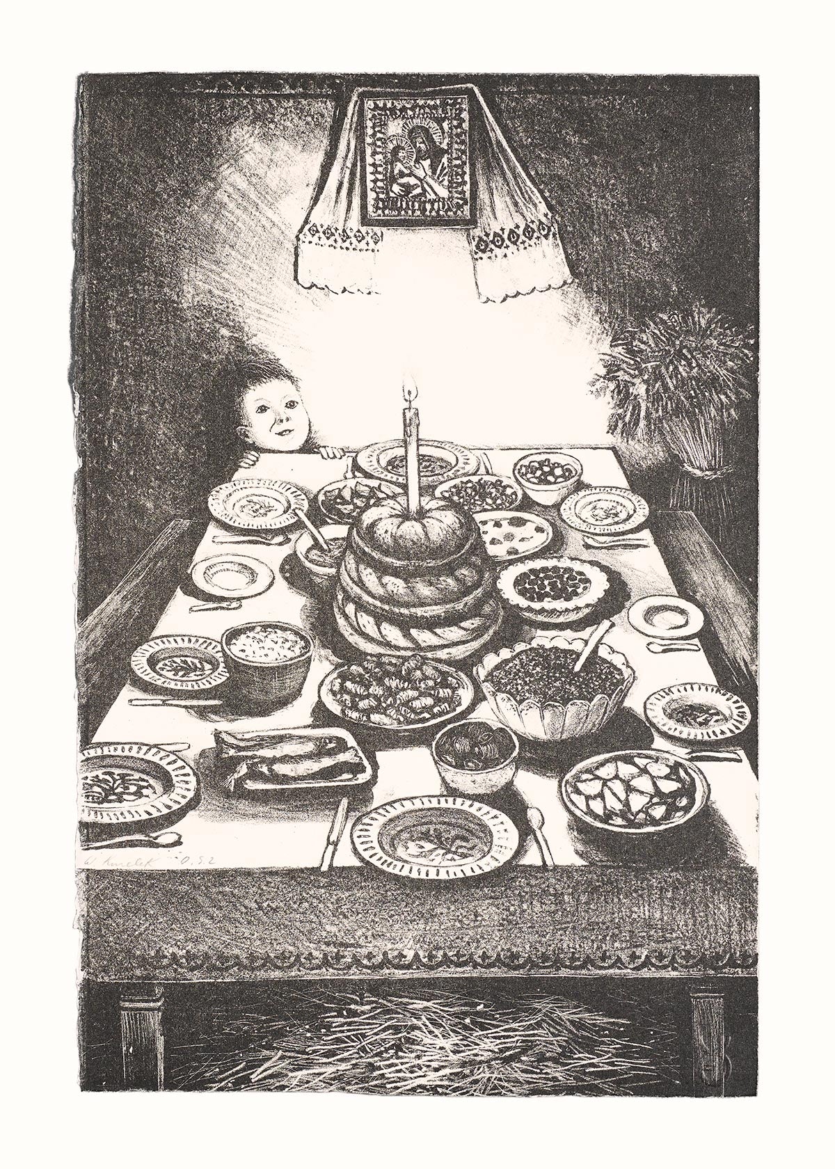 William Kurelek - Ukrainian Christmas Eve Feast (black and white)
