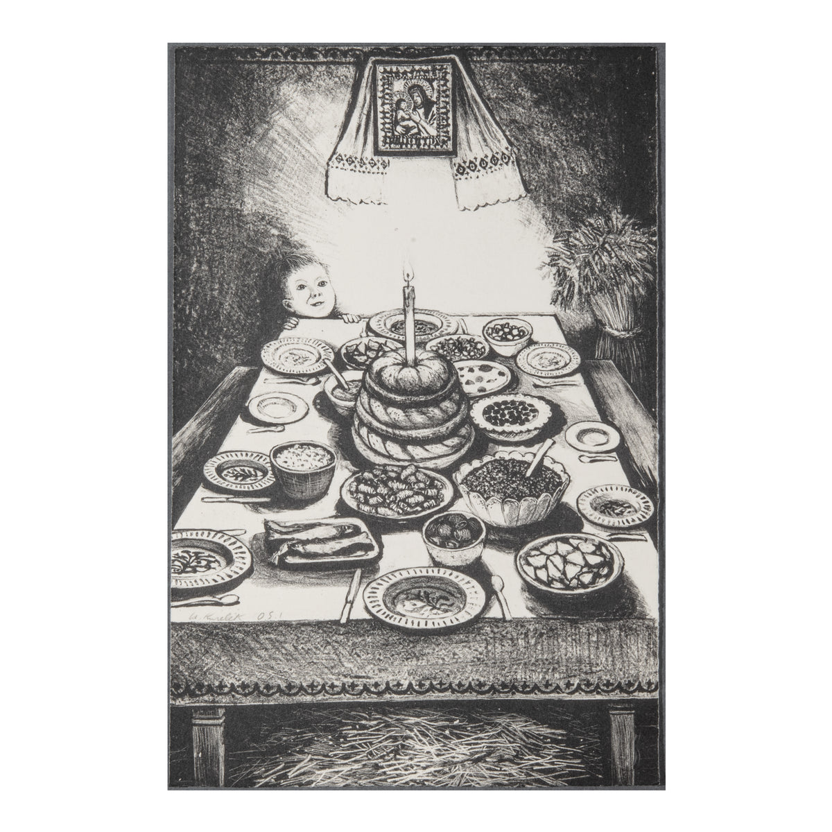 William Kurelek, Ukrainian Christmas Eve Feast, 1973, one-colour lithograph, Open Studio Proof O.S. 1, signed by the artist.