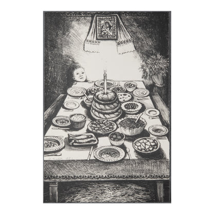 William Kurelek, Ukrainian Christmas Eve Feast, 1973, one-colour lithograph, Open Studio Proof O.S. 1, signed by the artist.