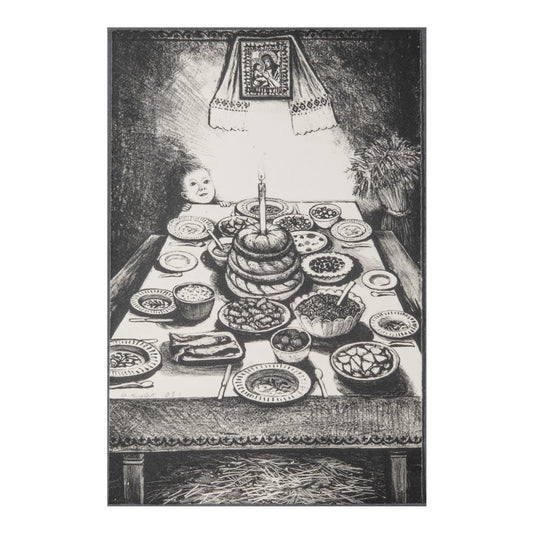 William Kurelek, Ukrainian Christmas Eve Feast, 1973, one-colour lithograph, Open Studio Proof O.S. 1, signed by the artist.